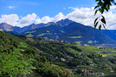 Schloss Brunnenburg şatosu, üzüm bağları, Tirol köyü (Dorf Tirol) ve İtalya 'nın Güney Tyrol kentinde Dağ Zirvesi Ifinger ile Panorama