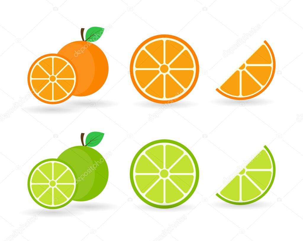 Orang fruit and lime. Oranges that are segmented on a white background.