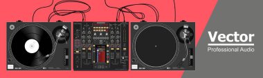 Vinil DJ ekipmanlarından oluşan gerçekçi bir vektör seti. Efsanevi turntable ve mikser. Gece hayatı ve kulüplerin teması üzerine bir resim. Poster ve broşür için görüntü. Tişört ve kapaklara yerleştirme malzemesi.