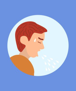 Adam öksürüyor ve vektör çizimlerini terletiyor. Coronavirus belirtileri. Alerji konsepti. Adam hapşırıyor ve salya akıtıyor. Tıbbi temalı poster. Hastalık ya da soğuk algınlığı. Grip olmuş..