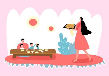 Kadın aile için pizza pişirdi. Bir ev kadınının hayatı hakkında vektör illüstrasyon. Baba ve çocuklar annelerinin yemek getirmesini bekliyorlar. Aile yemeği. Hepsi evde toplandı..