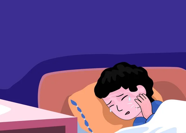 Mal Dents Enfant Illustration Vectorielle Garçon Souffrant Nuit Dans Douleur — Image vectorielle