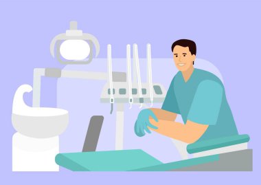 Dişçi ve ekipmanları vektör olarak. Dişçi kliniği, vektör çizimi. Doktorun ofisi. Stomatoloji teması. Dişçi koltuğu. Yardım etmeye hazırım. Tatmin olmuş bir doktor müşteriyi bekliyor..