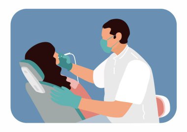 Dişçi bir kadını tedavi ediyor, vektör çizimi. Dişçi kliniği ve insanlar. Dişçiye git. Stomatoloji teması. Dişçi koltuğu. Bir kadın dişini tedavi etmeye geldi. Maskeli adam..