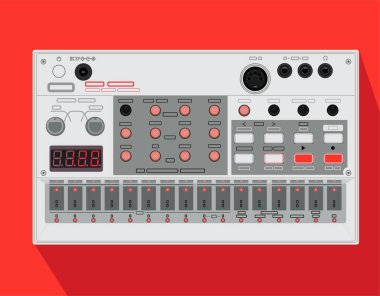 Gerçekçi popüler sentezleyici. Vektör illüstrasyon, stüdyo ekipmanları. Elektronik müzik teması. Ses sentezi için bir araç. Örnek. Çim biçme makinesi. Bas sentezleyici. Davul makinesi. Tişört kumaşı.