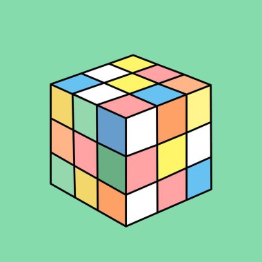 Vektör olarak alışılmadık renkleri olan Rubik küp. Çok renkli yapboz. Resim bir tişört üzerine yazdırmak için uygundur. İnternet kullanımı için pictogram.