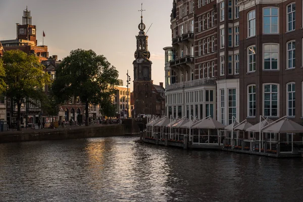 Mint Tower Reflected Canal Water Sunset Amsterdam Netherlands — Stock Photo, Image