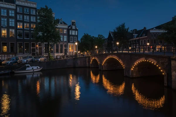 Lights City Reflected Canal Water Night Amsterdam Netherlands — Stock Photo, Image