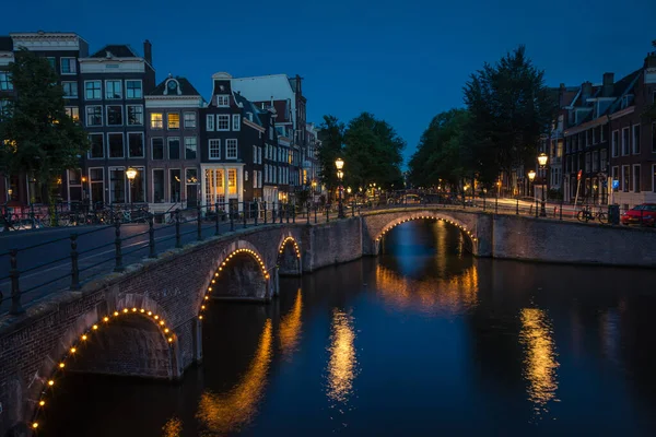 Lights City Reflected Canal Water Night Amsterdam Netherlands — Stock Photo, Image