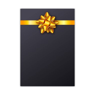 Siyah tatil hediye kartı ile altın şerit ve yay. Bir kartvizit, afiş, poster, defter, davet için şablon