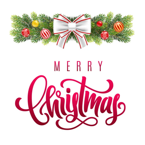Feliz Navidad letras de la mano en el fondo de saludo con ramas de abeto y decoraciones. Plantilla para una pancarta, póster, invitación — Archivo Imágenes Vectoriales