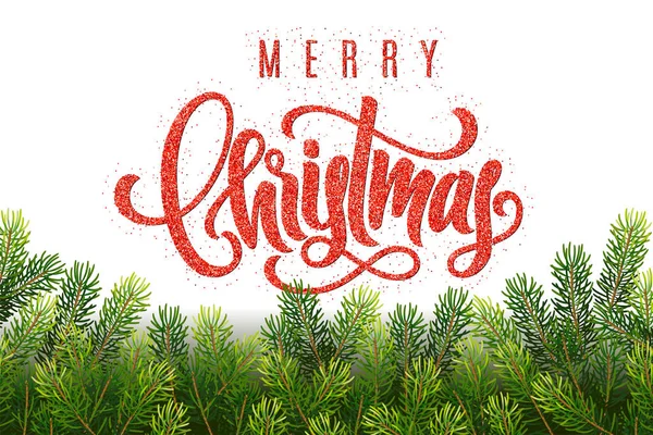 Merry Christmas hand lettering on greeting background with a fir tree branches. Template for a banner, poster, invitation — Stock Vector