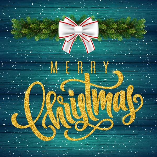 木材の背景にメリー クリスマスとモミの木の枝をレタリング黄金の手、ホリデー ギフト カード。バナー、ポスター、招待状用のテンプレート — ストックベクタ