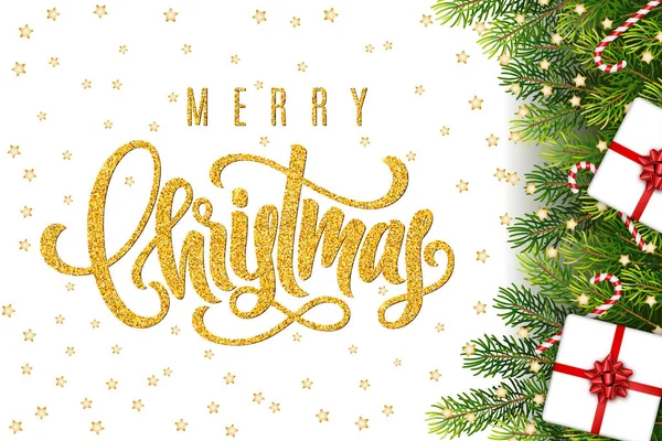 Merry Christmas hand lettering on greeting background with a fir tree branches, gifts, bow, candy canes and decorations. Template for a banner, poster, invitation — Stock Vector