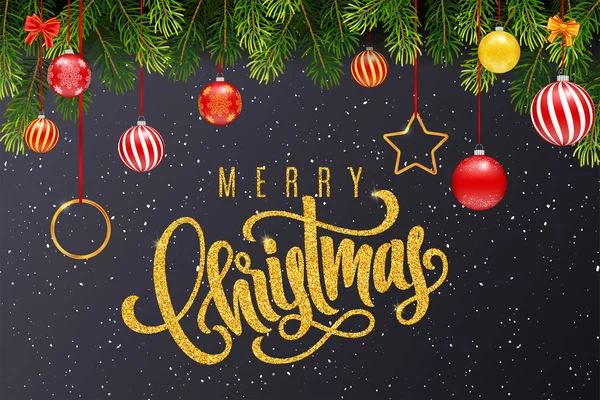 Holiday gift card s zlatá ruka nápisy Veselé Vánoce a vánoční koule, větve stromů jedle na tmavém pozadí. Šablona pro banner, plakát, Pozvánka — Stockový vektor