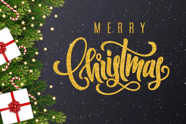 メリー クリスマス、ギフト、モミの木の枝、キャンディーをレタリング黄金の手、ホリデー ギフト カードは、暗い背景の星します。バナー、ポスター、招待状用のテンプレート — ストックベクタ