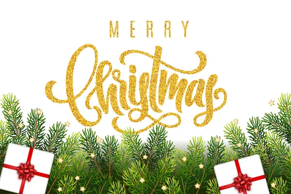 Merry Christmas golden hand lettering on greeting background with a fir tree branches, gifts, bow and decorations. Template for a banner, poster, invitation — Stock Vector