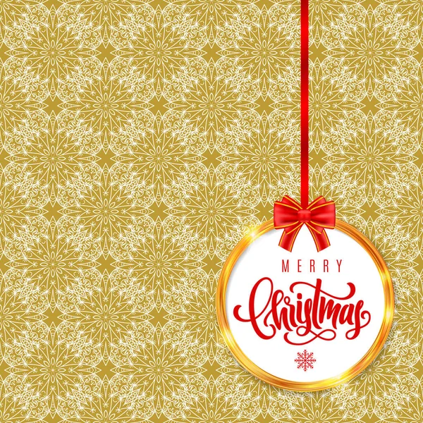 Carte cadeau de vacances avec lettrage à la main Joyeux Noël et cadre en or sur fond ornemental. Modèle de bannière, affiche, invitation — Image vectorielle