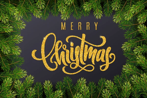 暗い背景にメリー クリスマスとモミの木の枝をレタリング黄金の手、ホリデー ギフト カード。バナー、ポスター、招待状用のテンプレート — ストックベクタ