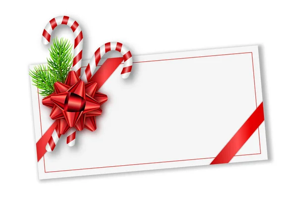Рождественская открытка с красной бабочкой, елкой и леденцами. Шаблон для баннера, плаката, приглашения — стоковый вектор