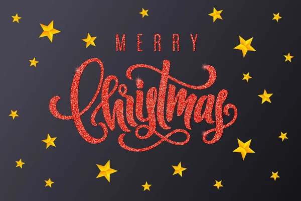 Weihnachtsgeschenkkarte mit rotem Schriftzug Frohe Weihnachten und goldenen Sternen auf dunklem Hintergrund. Vorlage für Banner, Plakate, Einladungen — Stockvektor