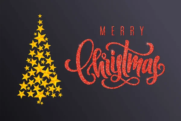 Weihnachtsgeschenkkarte mit goldenem Weihnachtsbaum und Handschrift auf dunklem Hintergrund. Vorlage für Banner, Plakate, Einladungen — Stockvektor