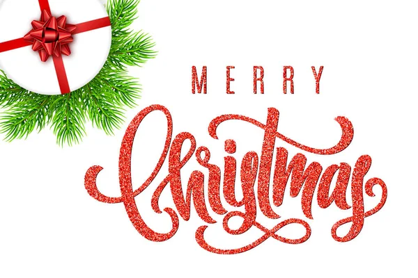 Carte de vacances avec lettrage à la main Joyeux Noël et cadeau avec arc rouge, branches de sapin sur fond blanc. Modèle de bannière, affiche, invitation — Image vectorielle