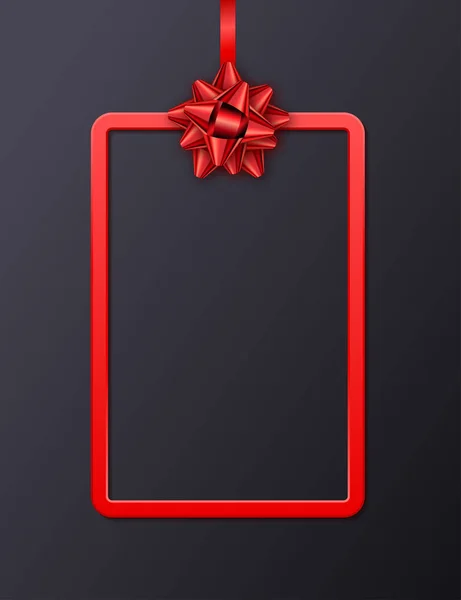 Wenskaart met rode frame, lint en strik op zwarte achtergrond. Sjabloon voor een visitekaartje, spandoek, poster, notebook, uitnodiging — Stockvector