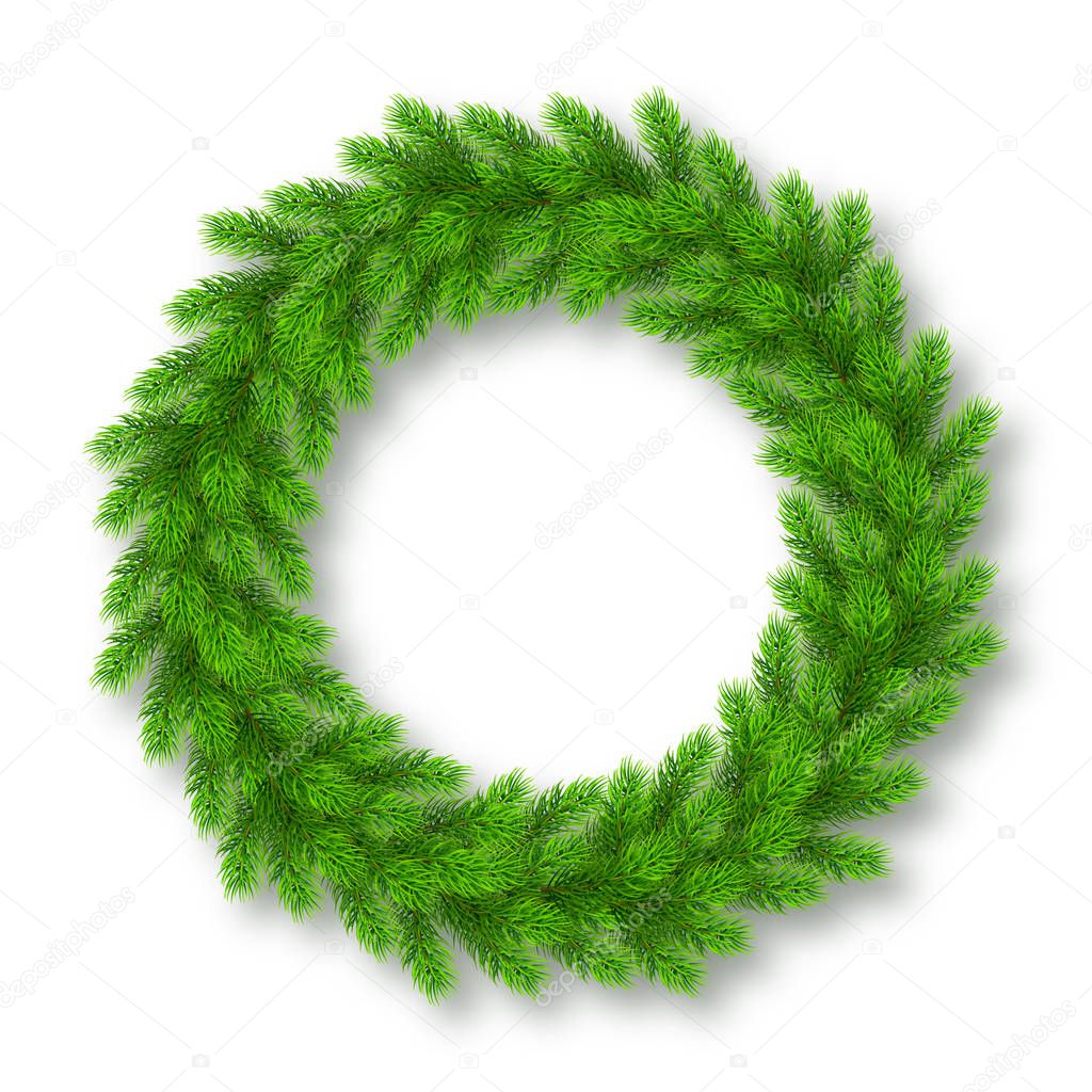 Realistic Christmas wreath from fir tree branches with shadow.. Template for a banner, poster, invitation