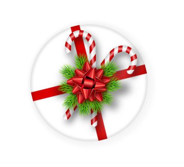 Tatil hediye kutusu, köknar ağaç dalları ve şekerler beyaz zemin üzerine kırmızı yayla yuvarlak. Bir afiş, poster, davet için şablon