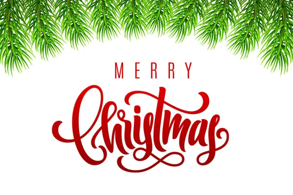 メリー クリスマスとモミの木の枝をレタリングの手、ホリデー ギフト カード。バナー、ポスター、招待状用のテンプレート — ストックベクタ
