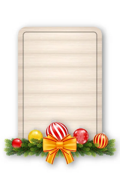 Tarjeta de regalo de Navidad con fondo de madera, guirnalda de abeto y lazo. Plantilla de vacaciones para una tarjeta de visita, banner, póster, cuaderno, invitación con espacio para copiar — Vector de stock