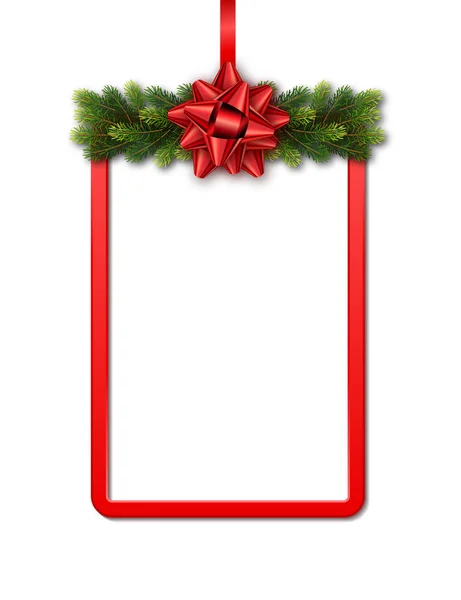 赤いフレーム、fir ガーランドと白い背景の上の弓のグリーティング カード。ビジネス カード、バナー、ポスター、ノート、コピー スペースへの招待のクリスマス休日テンプレート — ストックベクタ