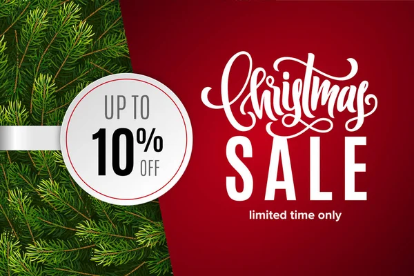 Christmas holiday sale 10 percent off with paper sticker on red background with fir tree branches. Limited time only. Template for a banner, poster, shopping, discount, invitation