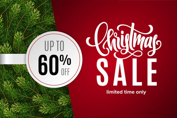 Christmas holiday sale 60 percent off with paper sticker on red background with fir tree branches. Limited time only. Template for a banner, poster, shopping, discount, invitation