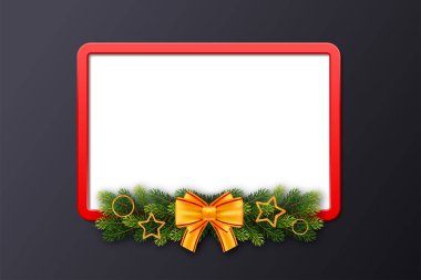 Tebrik kartı kırmızı çerçeve, köknar garland ve siyah arka plan üzerine yay. Bir kartvizit, afiş, poster, defter, kopya alanı ile davet için Noel tatil şablonu