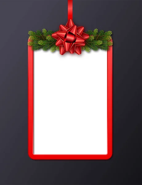 Cartão de saudação com moldura vermelha, grinalda de abeto e arco sobre fundo preto. Modelo de feriado de Natal para um banner, cartaz, caderno, convite com espaço de cópia — Vetor de Stock