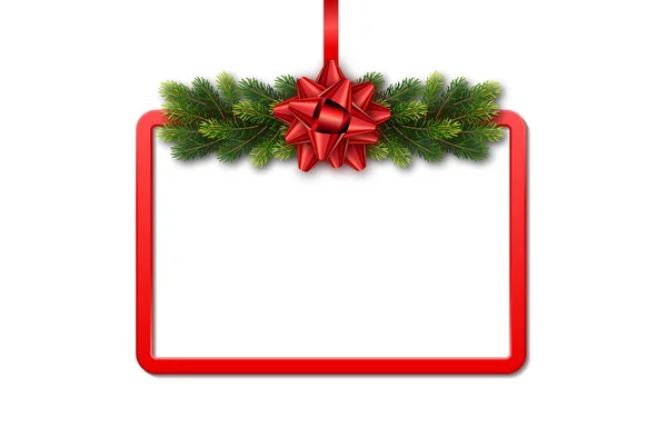 Tarjeta de felicitación con marco rojo, guirnalda de abeto y lazo sobre fondo blanco. Plantilla de vacaciones de Navidad para una tarjeta de visita, pancarta, póster, cuaderno, invitación con espacio para copiar — Vector de stock