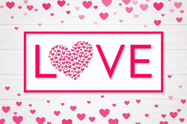 Ημέρα του Αγίου Βαλεντίνου. Διαφημιστικό πανό με ροζ καρδιά λάμψη και τυπογραφία σε ανοιχτόχρωμο ξύλο φόντο. Πρότυπο για ένα πανό, αφίσα, ψώνια, έκπτωση, πρόσκληση — Διανυσματικό Αρχείο