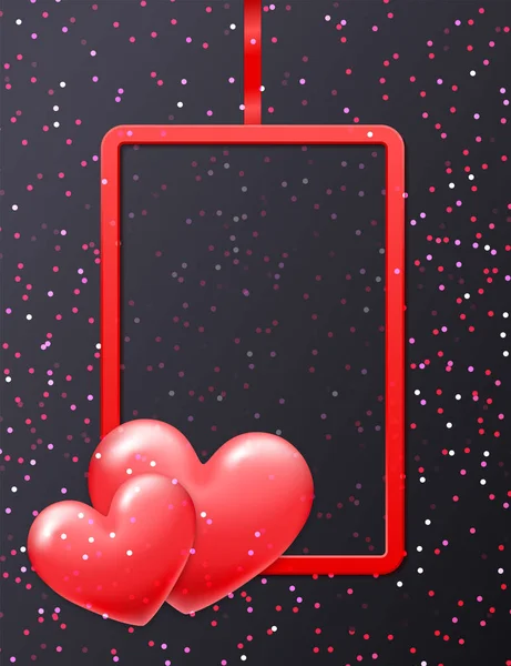 Día de San Valentín marco rojo de vacaciones con el corazón brillante y copiar el espacio en el fondo de brillo negro. Plantilla para un banner, póster, compras, descuento, invitación — Vector de stock