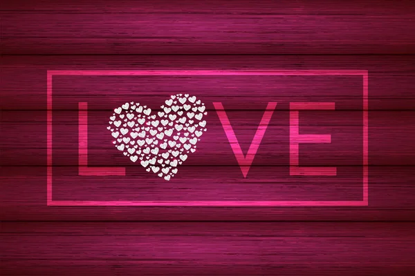 Saint-Valentin. L'amour. Bannière de vacances avec coeur argenté et typographie sur fond de bois rose. Modèle pour une bannière, affiche, shopping, remise, invitation — Image vectorielle