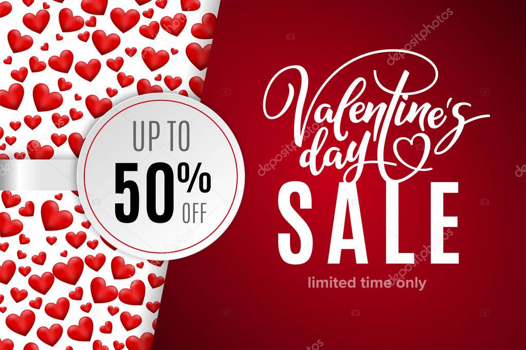 Valentine's day holiday sale 50 percent off with red hearts and lettering. Limited time only. Template for a banner, poster, shopping, discount, invitation