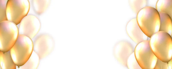 Elegante Grußkarte mit realistisch glänzenden goldenen fliegenden Luftballons und Kopierraum. Dekorationen für Geburtstag, Jubiläum, Feier, Hochzeit und Event — Stockvektor