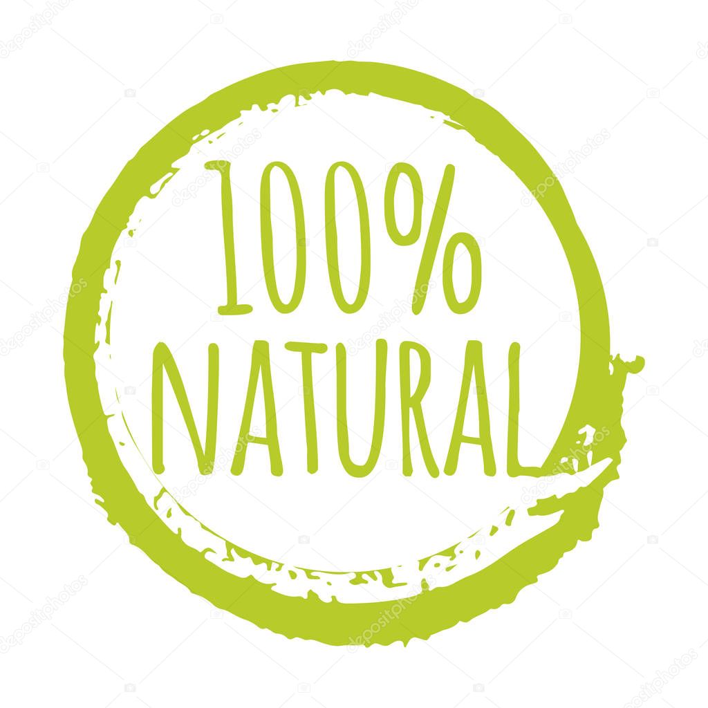 Eco 100 percent natural label, round grunge logo, sticker for natural products packaging