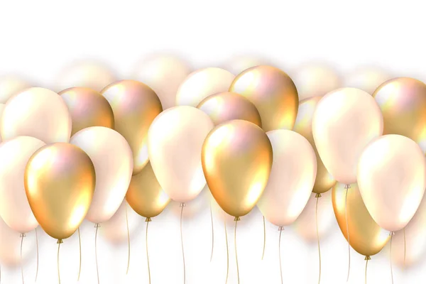 Elegante Grußkarte mit realistisch glänzenden goldenen fliegenden Luftballons und Kopierraum. Dekorationen für Geburtstag, Jubiläum, Feier, Hochzeit und Ereignis. Vorlage für Banner, Plakate, Einladungen. — Stockvektor