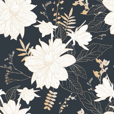 Çiçek dikişsiz desen. Çiçek bitki, çiçek mürekkebinin kroki ile dal. Dahlia, ne oldu? Bir kartvizit, afiş, poster, sarma, kumaş, dizüstü bilgisayar, davetiye için Moda çiçek baskı. Vektör