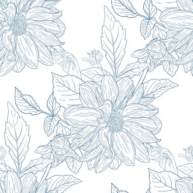 Çiçek mürekkep kroki ile Çiçek dikişsiz desen. Dahlia, ne oldu? Bir afiş, poster, kumaş, dizüstü bilgisayar, davetiye için moda çiçek baskı