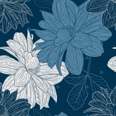 Çiçek dikişsiz desen. Çiçek bitki, çiçek mürekkebinin kroki ile dal. Dahlia, ne oldu? Bir kartvizit, afiş, poster, sarma, kumaş, dizüstü bilgisayar, davetiye için Moda çiçek baskı. Vektör çizimi