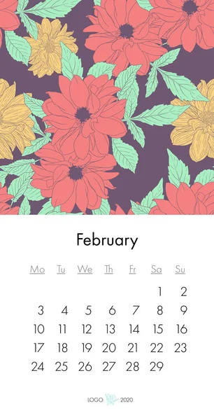 Calendário floral fevereiro 2020 com impressão de moda. Planta em flor, ramo com esboço de tinta de flor. Ilustração vetorial —  Vetores de Stock