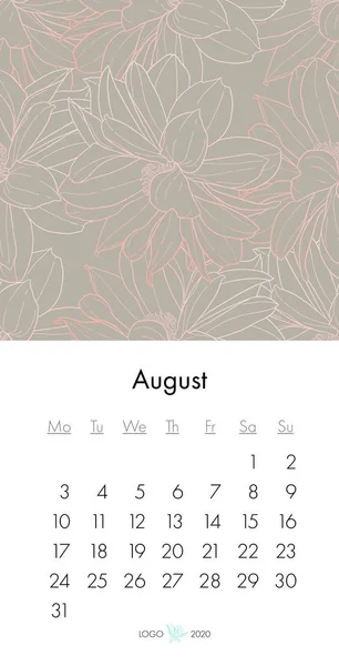 Blumenkalender August 2020 mit Modeaufdruck. Blühende Pflanze, Zweig mit Tuschskizze. Vektorillustration — Stockvektor